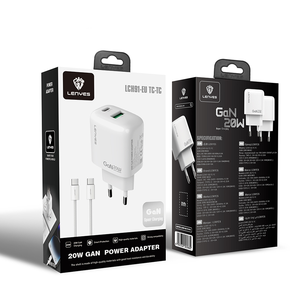 Lenyes LCH91-TC-TC Type-C to Type-C GaN Teknolojili PD ve USB Hızlı Şarj Özellikli Şarj Seti 20W - 1