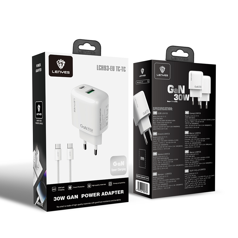 Lenyes LCH93-TC-TC Type-C to Type-C GaN Teknolojili PD ve USB Hızlı Şarj Özellikli Şarj Seti 30W - 1