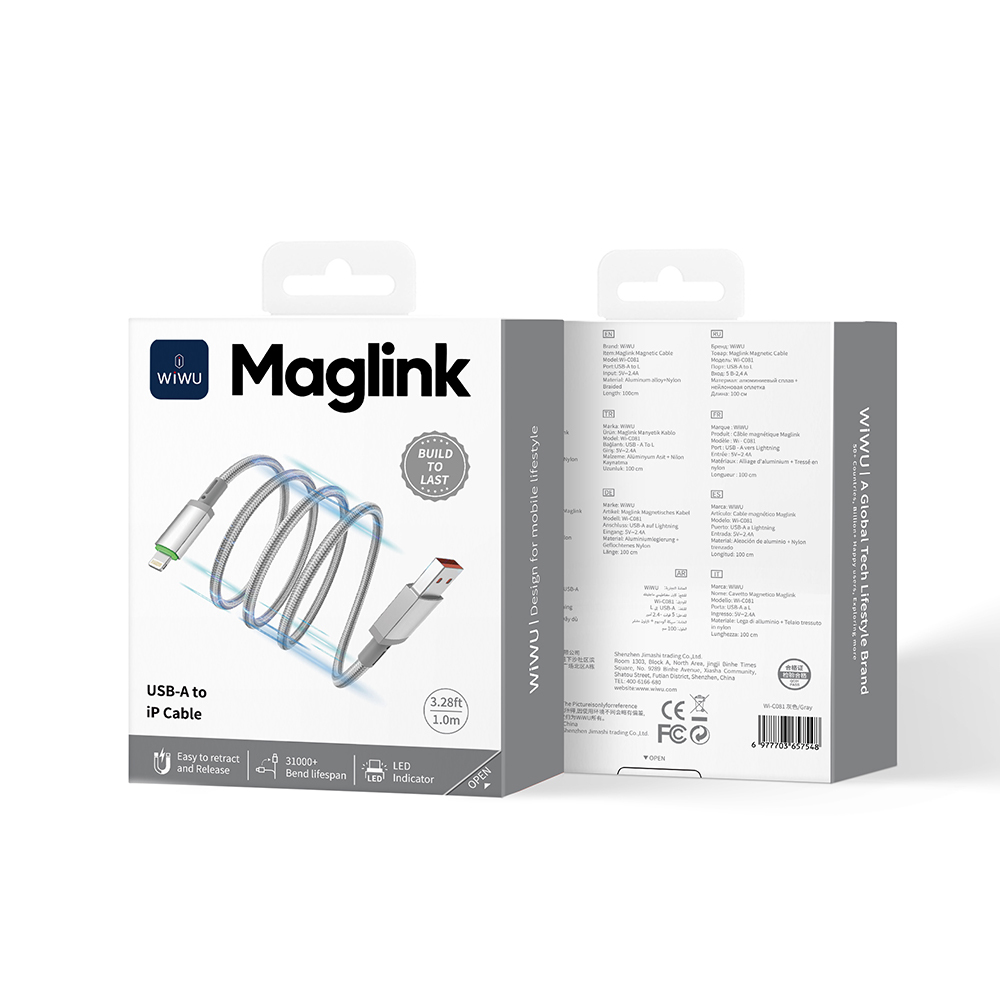 Wiwu Wi-C081 Maglink Serisi Işıklı Magnetik USB-A to Lightning Işıklı Hızlı Şarj Özellikli Data ve Şarj Kablosu 1M - 5