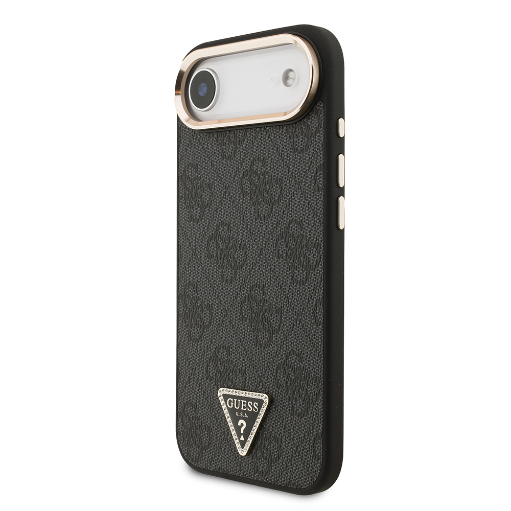 Apple iPhone 17 Air Uyumlu Kılıf Guess Orjinal Lisanslı M-safe Şarj Özellikli Gold Metal Kamera Çerçeveli Taşlı Üçgen Logo 4G Desenli Kapak - 1