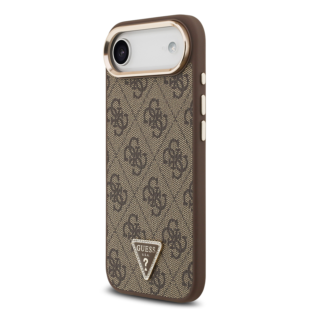 Apple iPhone 17 Air Uyumlu Kılıf Guess Orjinal Lisanslı M-safe Şarj Özellikli Gold Metal Kamera Çerçeveli Taşlı Üçgen Logo 4G Desenli Kapak - 8