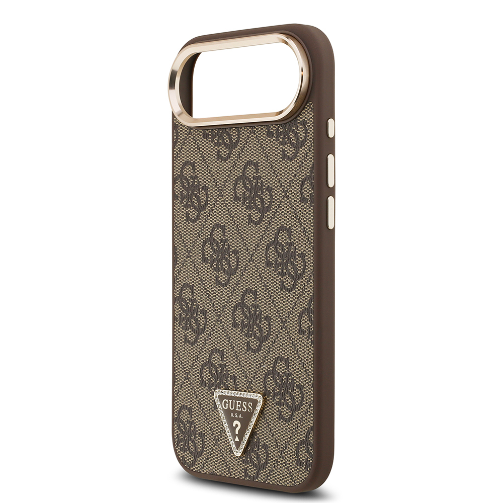 Apple iPhone 17 Air Uyumlu Kılıf Guess Orjinal Lisanslı M-safe Şarj Özellikli Gold Metal Kamera Çerçeveli Taşlı Üçgen Logo 4G Desenli Kapak - 12