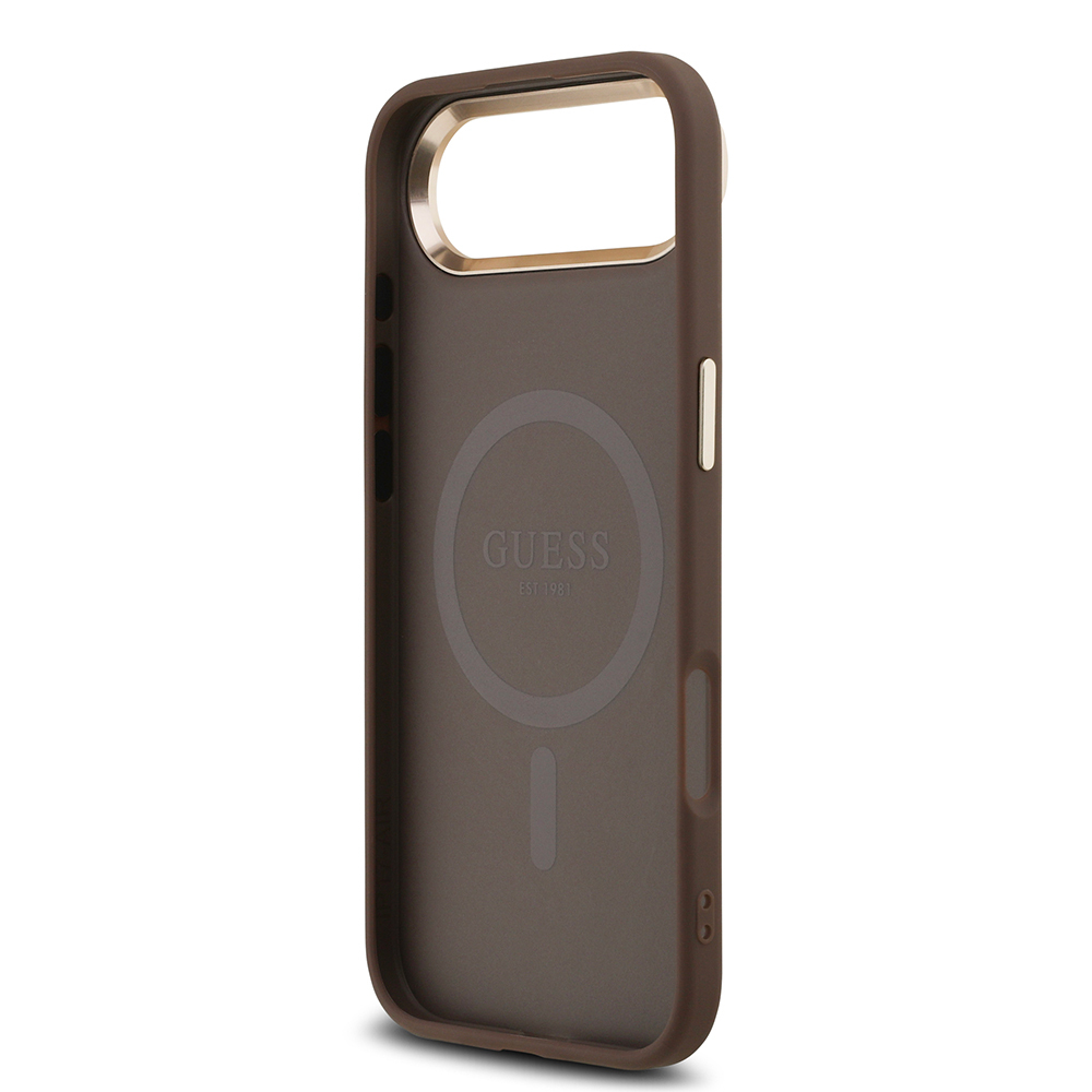 Apple iPhone 17 Air Uyumlu Kılıf Guess Orjinal Lisanslı M-safe Şarj Özellikli Gold Metal Kamera Çerçeveli Taşlı Üçgen Logo 4G Desenli Kapak - 13