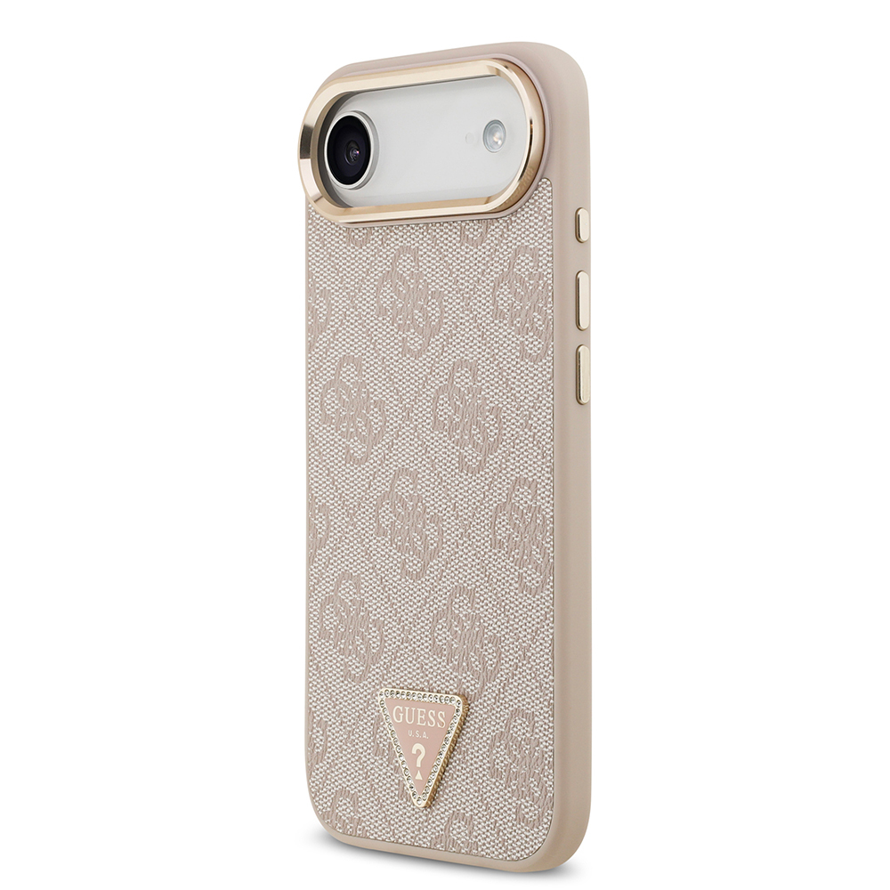 Apple iPhone 17 Air Uyumlu Kılıf Guess Orjinal Lisanslı M-safe Şarj Özellikli Gold Metal Kamera Çerçeveli Taşlı Üçgen Logo 4G Desenli Kapak - 15