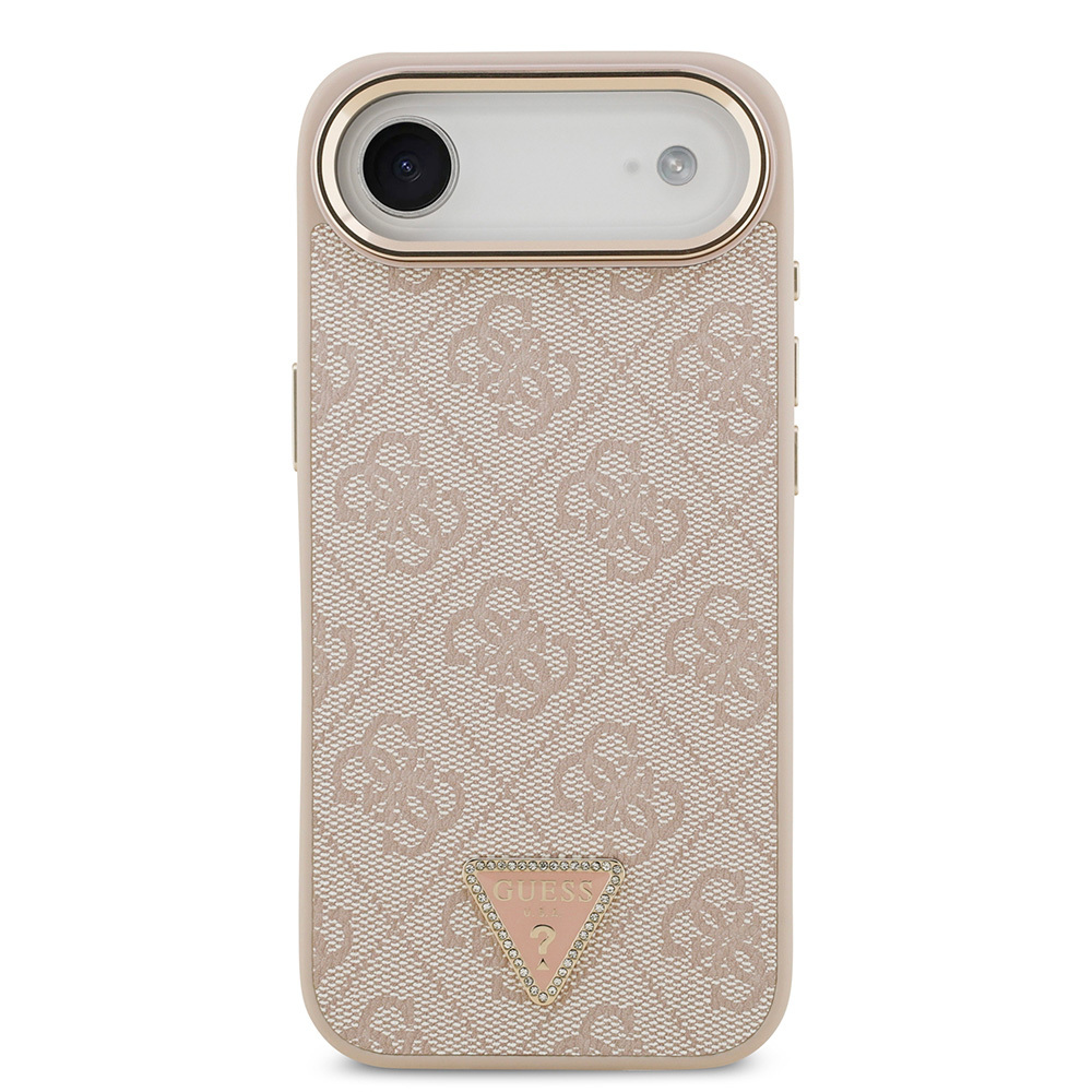 Apple iPhone 17 Air Uyumlu Kılıf Guess Orjinal Lisanslı M-safe Şarj Özellikli Gold Metal Kamera Çerçeveli Taşlı Üçgen Logo 4G Desenli Kapak - 16