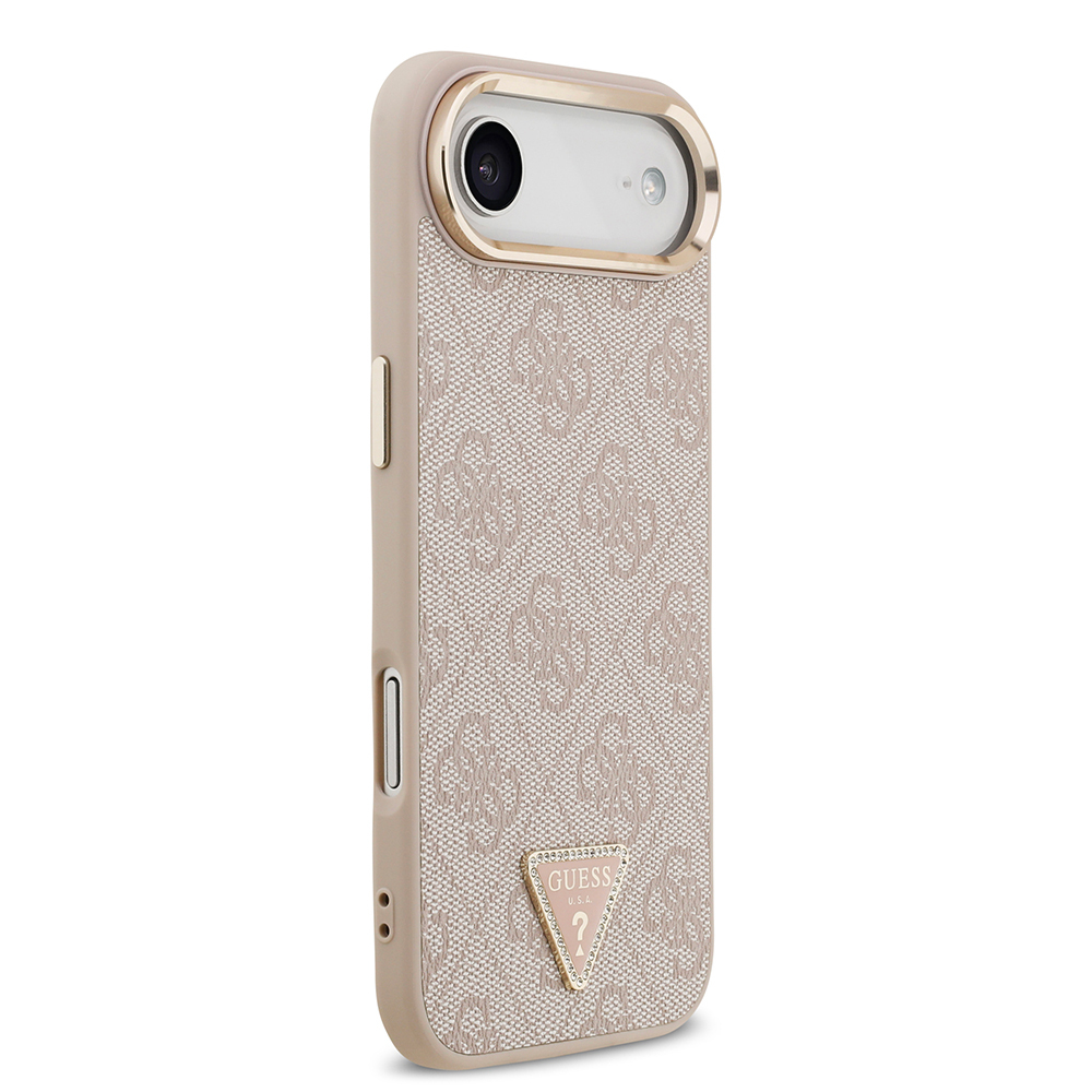 Apple iPhone 17 Air Uyumlu Kılıf Guess Orjinal Lisanslı M-safe Şarj Özellikli Gold Metal Kamera Çerçeveli Taşlı Üçgen Logo 4G Desenli Kapak - 17
