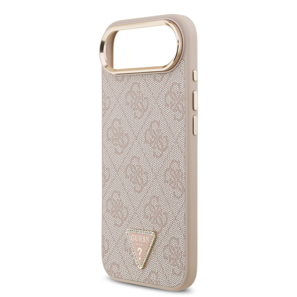 Apple iPhone 17 Air Uyumlu Kılıf Guess Orjinal Lisanslı M-safe Şarj Özellikli Gold Metal Kamera Çerçeveli Taşlı Üçgen Logo 4G Desenli Kapak - 19