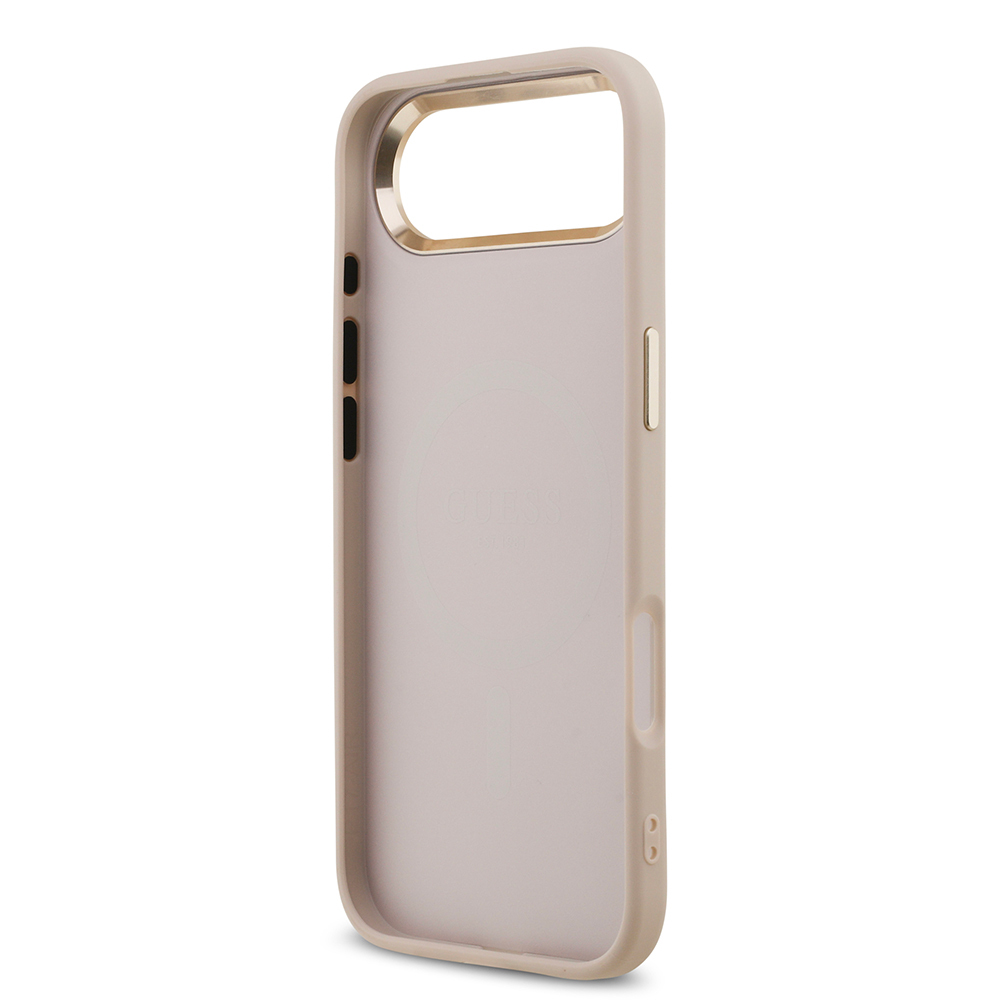 Apple iPhone 17 Air Uyumlu Kılıf Guess Orjinal Lisanslı M-safe Şarj Özellikli Gold Metal Kamera Çerçeveli Taşlı Üçgen Logo 4G Desenli Kapak - 20