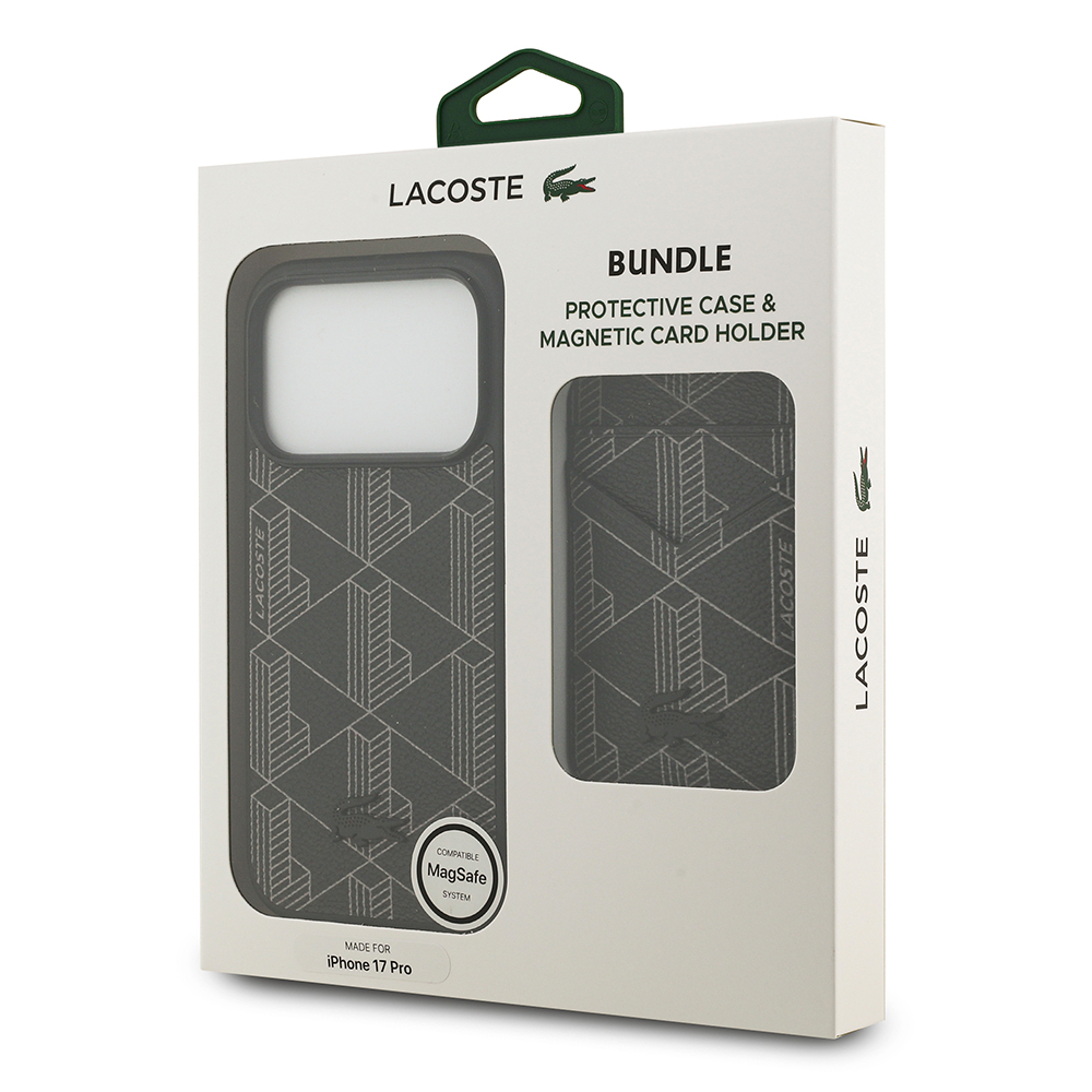 Apple iPhone 17 Pro Uyumlu Kılıf Lacoste Orjinal Lisanslı M-safe Şarj Özellikli PU Deri Tasarımlı Kartlıklı Karışık Monogram Desenli Kapak - 20