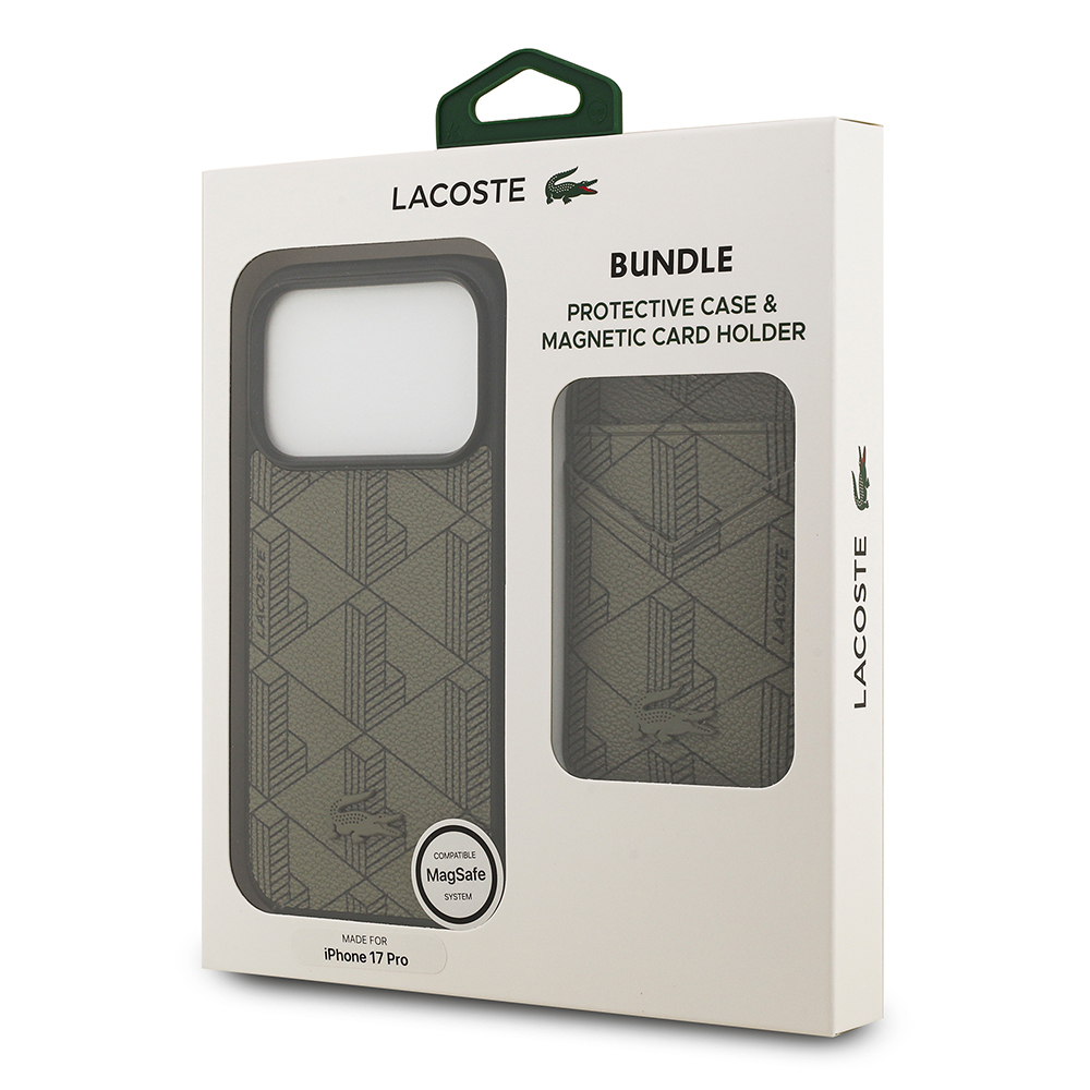 Apple iPhone 17 Pro Uyumlu Kılıf Lacoste Orjinal Lisanslı M-safe Şarj Özellikli PU Deri Tasarımlı Kartlıklı Karışık Monogram Desenli Kapak - 21