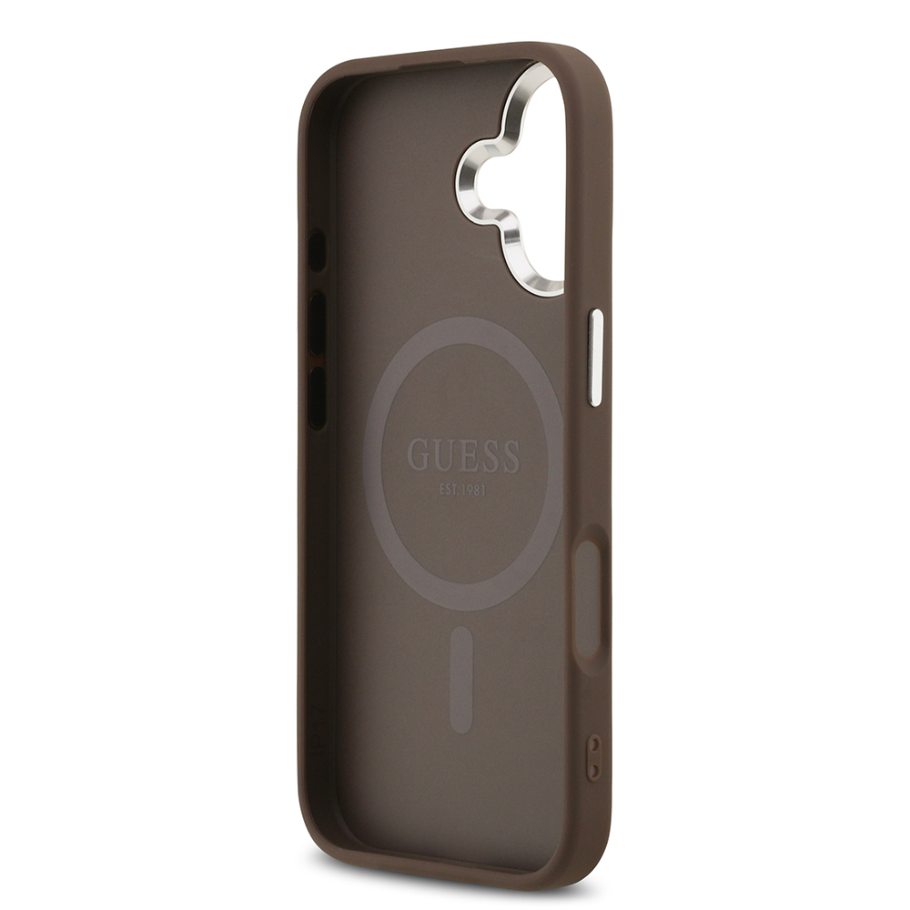 Apple iPhone 17 Uyumlu Kılıf Guess Orjinal Lisanslı M-safe Şarj Özellikli Gümüş Metal Kamera Çerçeveli Üçgen Logo 4G Desenli Kapak - 6