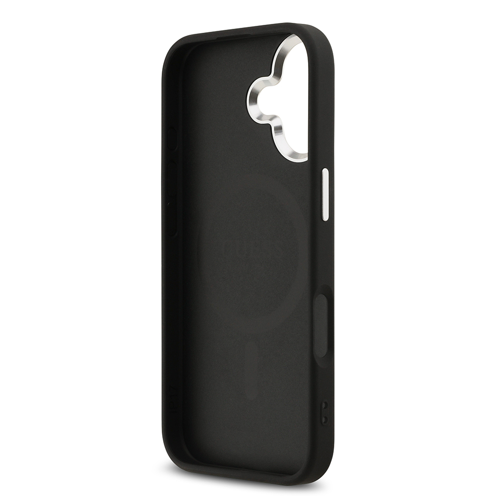 Apple iPhone 17 Uyumlu Kılıf Guess Orjinal Lisanslı M-safe Şarj Özellikli Gümüş Metal Kamera Çerçeveli Üçgen Logo 4G Desenli Kapak - 12