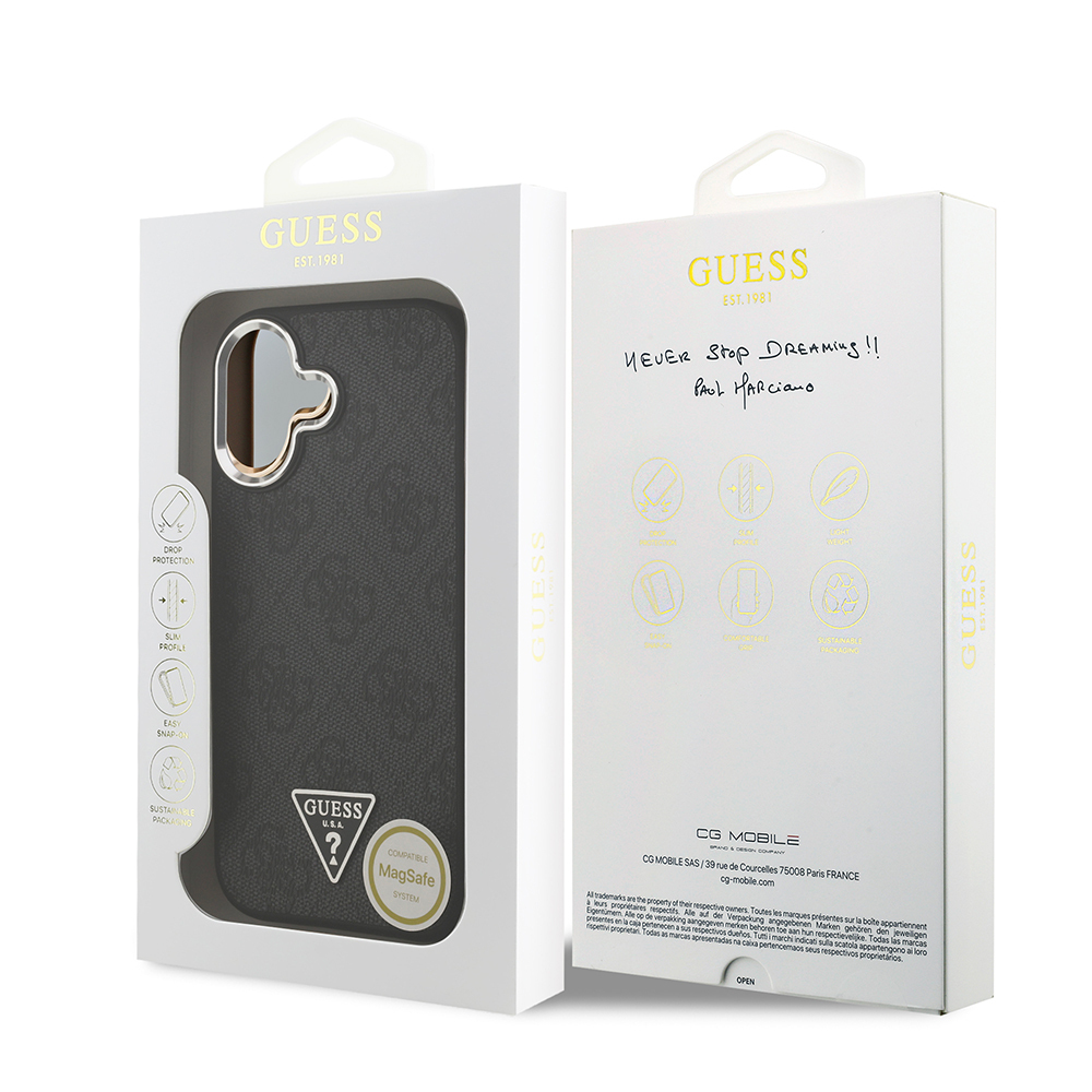 Apple iPhone 17 Uyumlu Kılıf Guess Orjinal Lisanslı M-safe Şarj Özellikli Gümüş Metal Kamera Çerçeveli Üçgen Logo 4G Desenli Kapak - 14