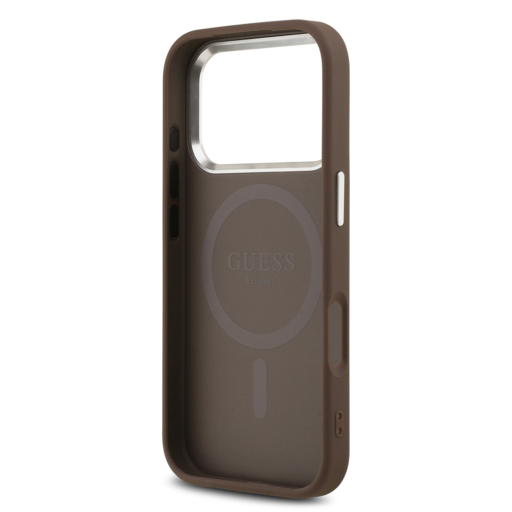 Apple iPhone 17 Pro Uyumlu Kılıf Guess Orjinal Lisanslı M-safe Şarj Özellikli Gümüş Metal Kamera Çerçeveli Üçgen Logo 4G Desenli Kapak - 6