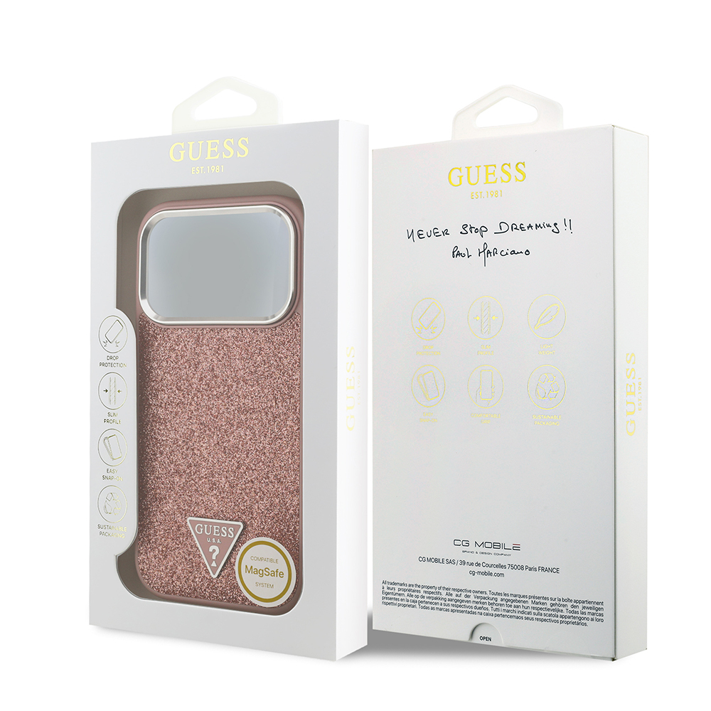Apple iPhone 17 Pro Uyumlu Kılıf Guess Orjinal Lisanslı M-safe Şarj Özellikli Metal Kamera Çerçeveli Üçgen Logolu Glitter Kapak - 25