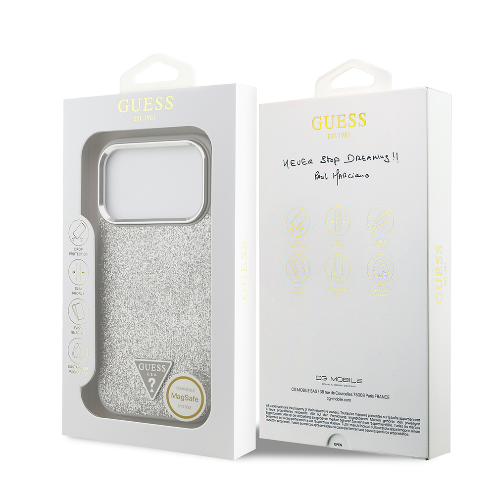 Apple iPhone 17 Pro Uyumlu Kılıf Guess Orjinal Lisanslı M-safe Şarj Özellikli Metal Kamera Çerçeveli Üçgen Logolu Glitter Kapak - 26