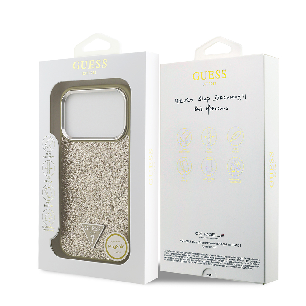 Apple iPhone 17 Pro Uyumlu Kılıf Guess Orjinal Lisanslı M-safe Şarj Özellikli Metal Kamera Çerçeveli Üçgen Logolu Glitter Kapak - 27