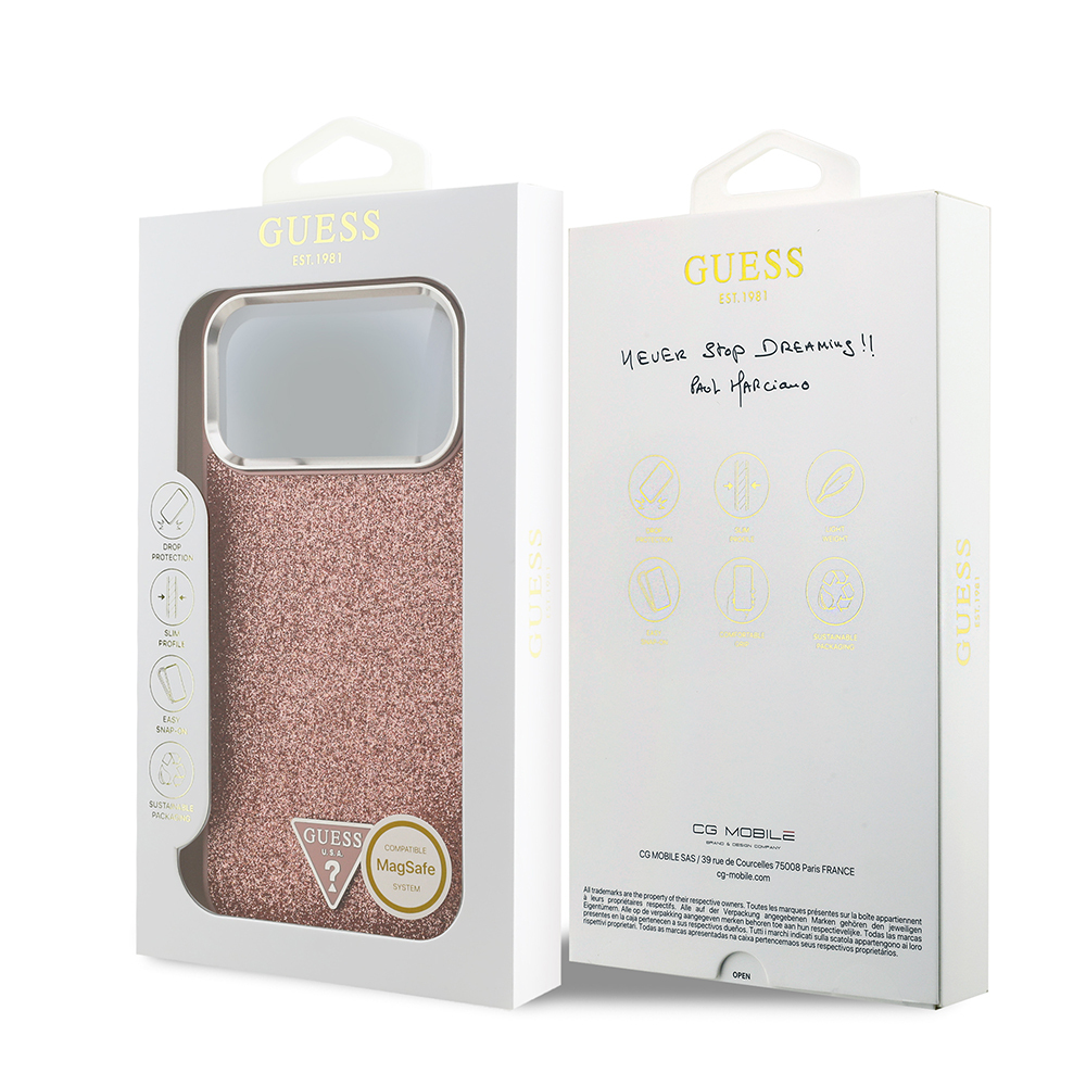 Apple iPhone 17 Pro Max Uyumlu Kılıf Guess Orjinal Lisanslı M-safe Şarj Özellikli Metal Kamera Çerçeveli Üçgen Logolu Glitter Kapak - 27