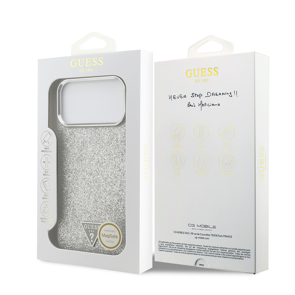Apple iPhone 17 Pro Max Uyumlu Kılıf Guess Orjinal Lisanslı M-safe Şarj Özellikli Metal Kamera Çerçeveli Üçgen Logolu Glitter Kapak - 28