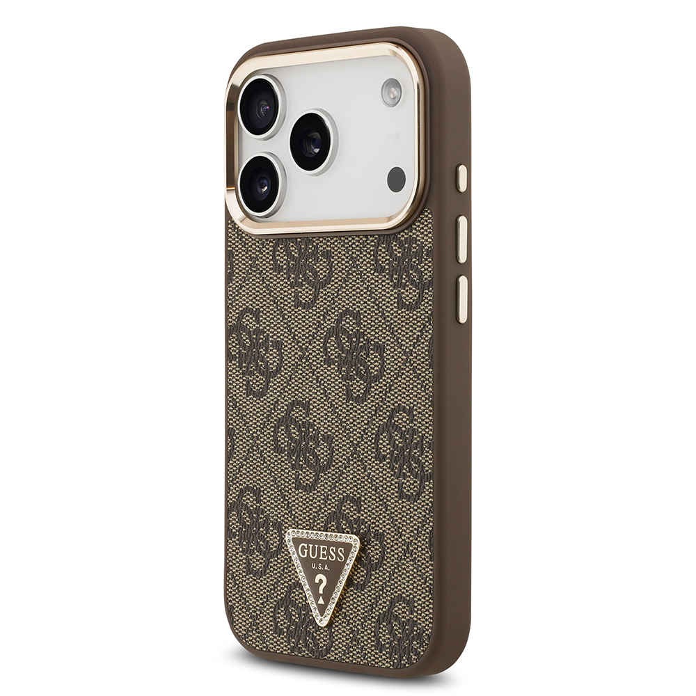 Apple iPhone 17 Pro Uyumlu Kılıf Guess Orjinal Lisanslı M-safe Şarj Özellikli Gold Metal Kamera Çerçeveli Taşlı Üçgen Logo 4G Desenli Kapak - 1