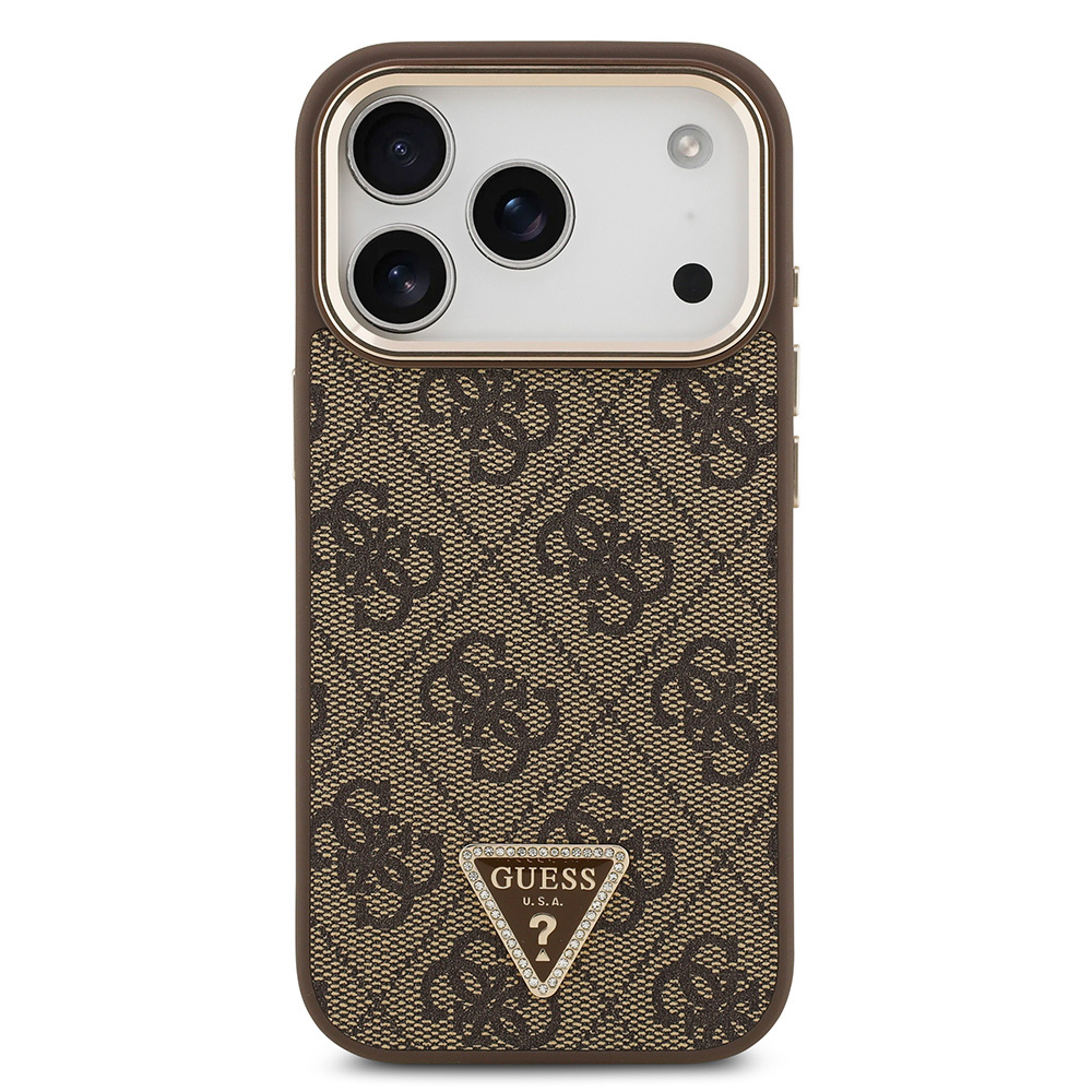 Apple iPhone 17 Pro Uyumlu Kılıf Guess Orjinal Lisanslı M-safe Şarj Özellikli Gold Metal Kamera Çerçeveli Taşlı Üçgen Logo 4G Desenli Kapak - 2