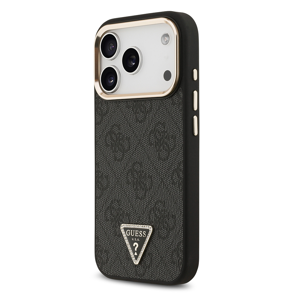 Apple iPhone 17 Pro Uyumlu Kılıf Guess Orjinal Lisanslı M-safe Şarj Özellikli Gold Metal Kamera Çerçeveli Taşlı Üçgen Logo 4G Desenli Kapak - 8