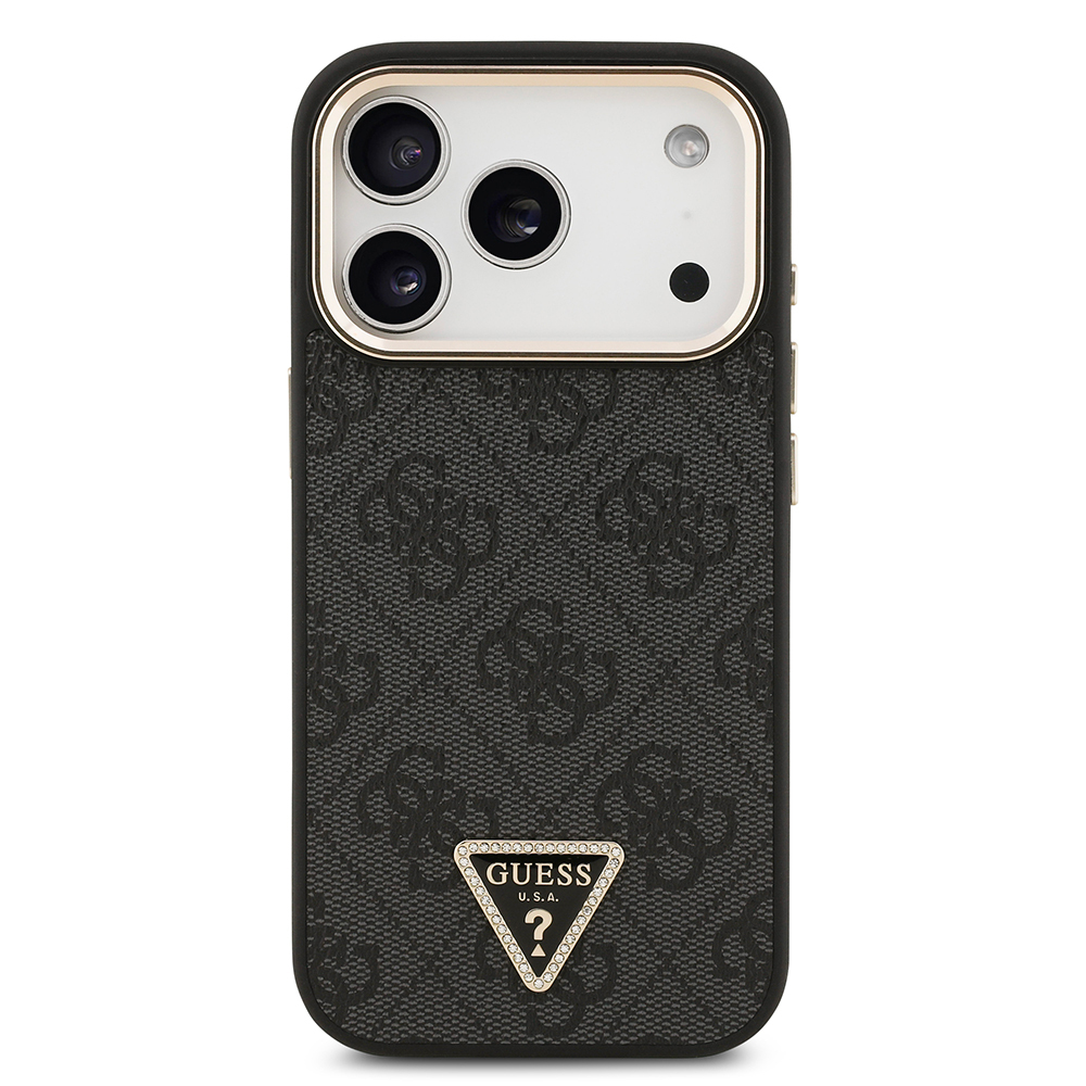 Apple iPhone 17 Pro Uyumlu Kılıf Guess Orjinal Lisanslı M-safe Şarj Özellikli Gold Metal Kamera Çerçeveli Taşlı Üçgen Logo 4G Desenli Kapak - 9