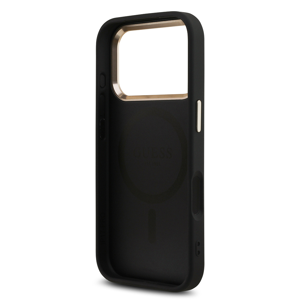 Apple iPhone 17 Pro Uyumlu Kılıf Guess Orjinal Lisanslı M-safe Şarj Özellikli Gold Metal Kamera Çerçeveli Taşlı Üçgen Logo 4G Desenli Kapak - 13