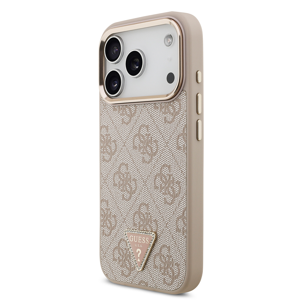 Apple iPhone 17 Pro Uyumlu Kılıf Guess Orjinal Lisanslı M-safe Şarj Özellikli Gold Metal Kamera Çerçeveli Taşlı Üçgen Logo 4G Desenli Kapak - 15