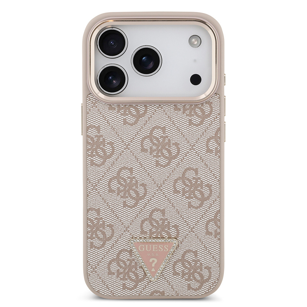 Apple iPhone 17 Pro Uyumlu Kılıf Guess Orjinal Lisanslı M-safe Şarj Özellikli Gold Metal Kamera Çerçeveli Taşlı Üçgen Logo 4G Desenli Kapak - 16