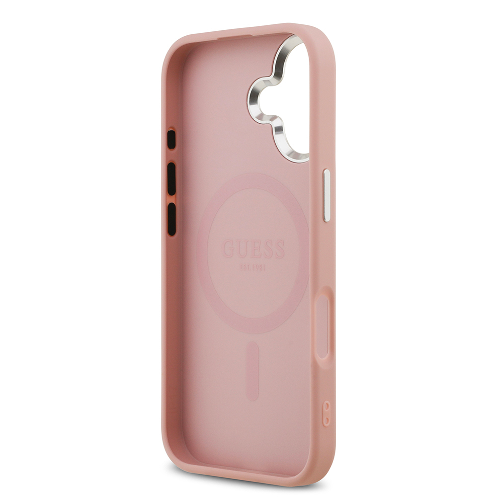 Apple iPhone 17 Uyumlu Kılıf Guess Orjinal Lisanslı M-safe Şarj Özellikli Metal Kamera Çerçeveli Üçgen Logolu Glitter Kapak - 18