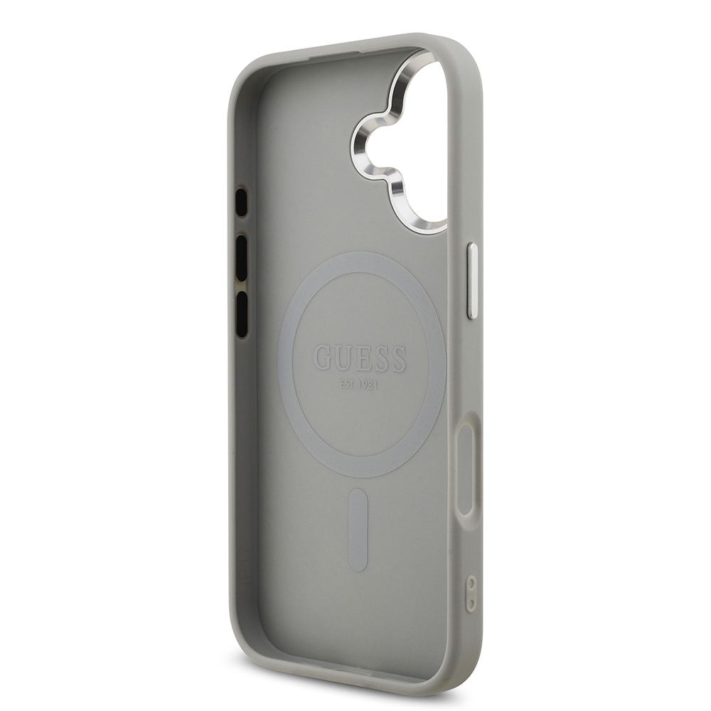 Apple iPhone 17 Uyumlu Kılıf Guess Orjinal Lisanslı M-safe Şarj Özellikli Metal Kamera Çerçeveli Üçgen Logolu Glitter Kapak - 24