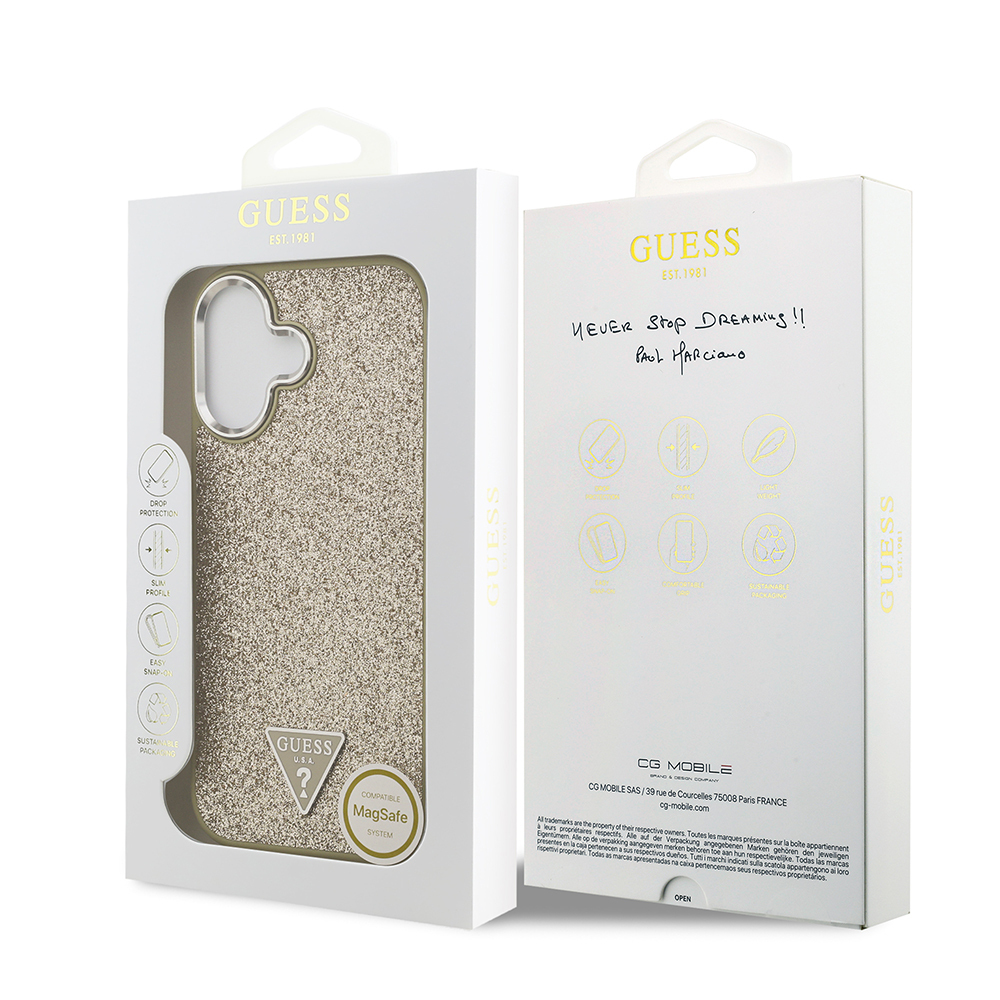 Apple iPhone 17 Uyumlu Kılıf Guess Orjinal Lisanslı M-safe Şarj Özellikli Metal Kamera Çerçeveli Üçgen Logolu Glitter Kapak - 25