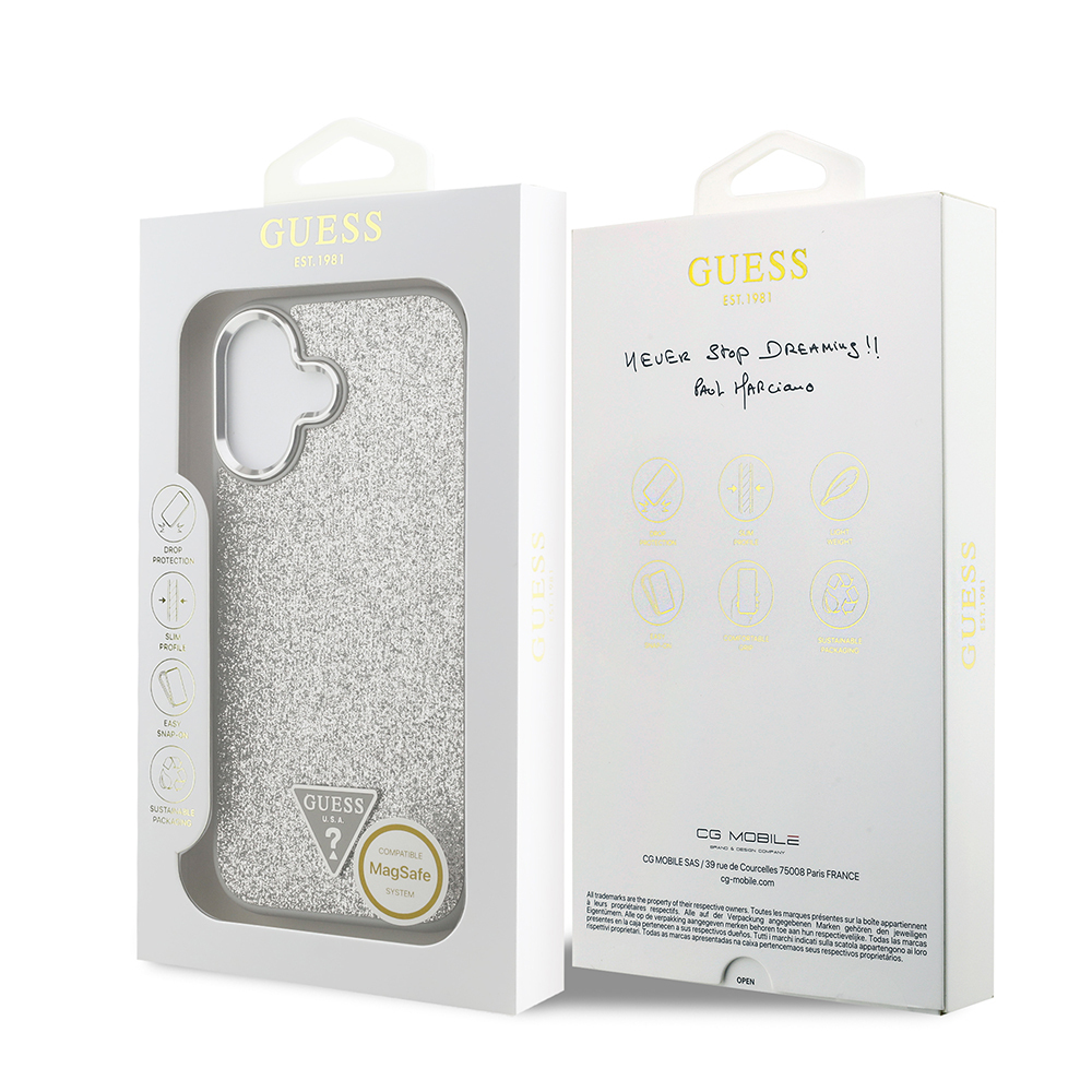 Apple iPhone 17 Uyumlu Kılıf Guess Orjinal Lisanslı M-safe Şarj Özellikli Metal Kamera Çerçeveli Üçgen Logolu Glitter Kapak - 28