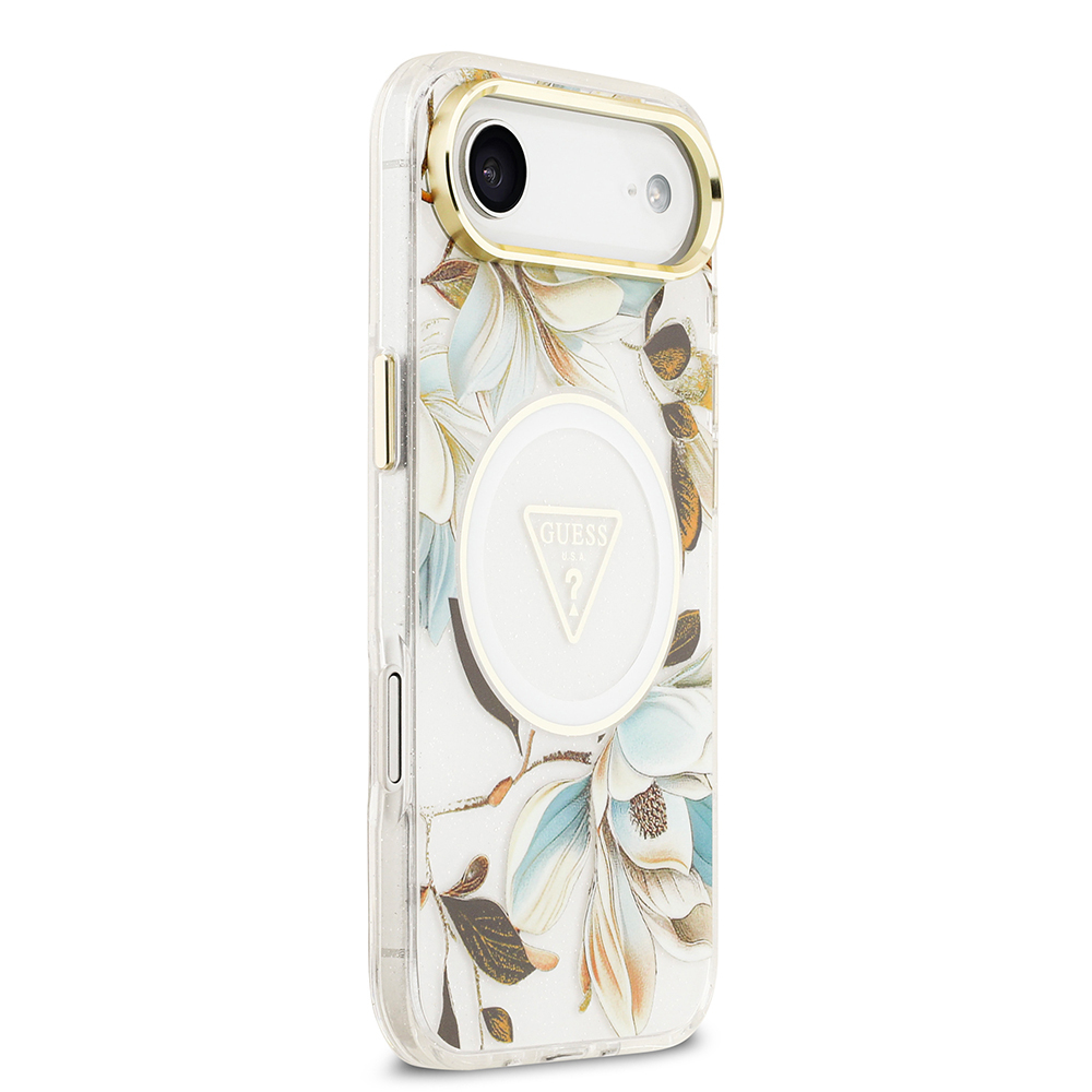 Apple iPhone 17 Air Uyumlu Kılıf Guess Orjinal Lisanslı M-safe Şarj Özellikli Simli Çiçek Desenli Metal Kamera Çerçeveli Üçgen Logolu Kapak - 3