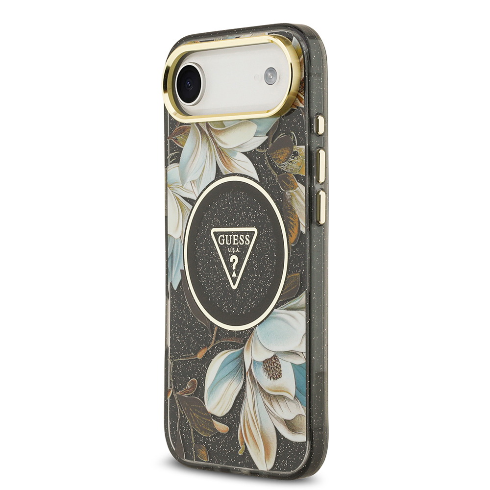 Apple iPhone 17 Air Uyumlu Kılıf Guess Orjinal Lisanslı M-safe Şarj Özellikli Simli Çiçek Desenli Metal Kamera Çerçeveli Üçgen Logolu Kapak - 19