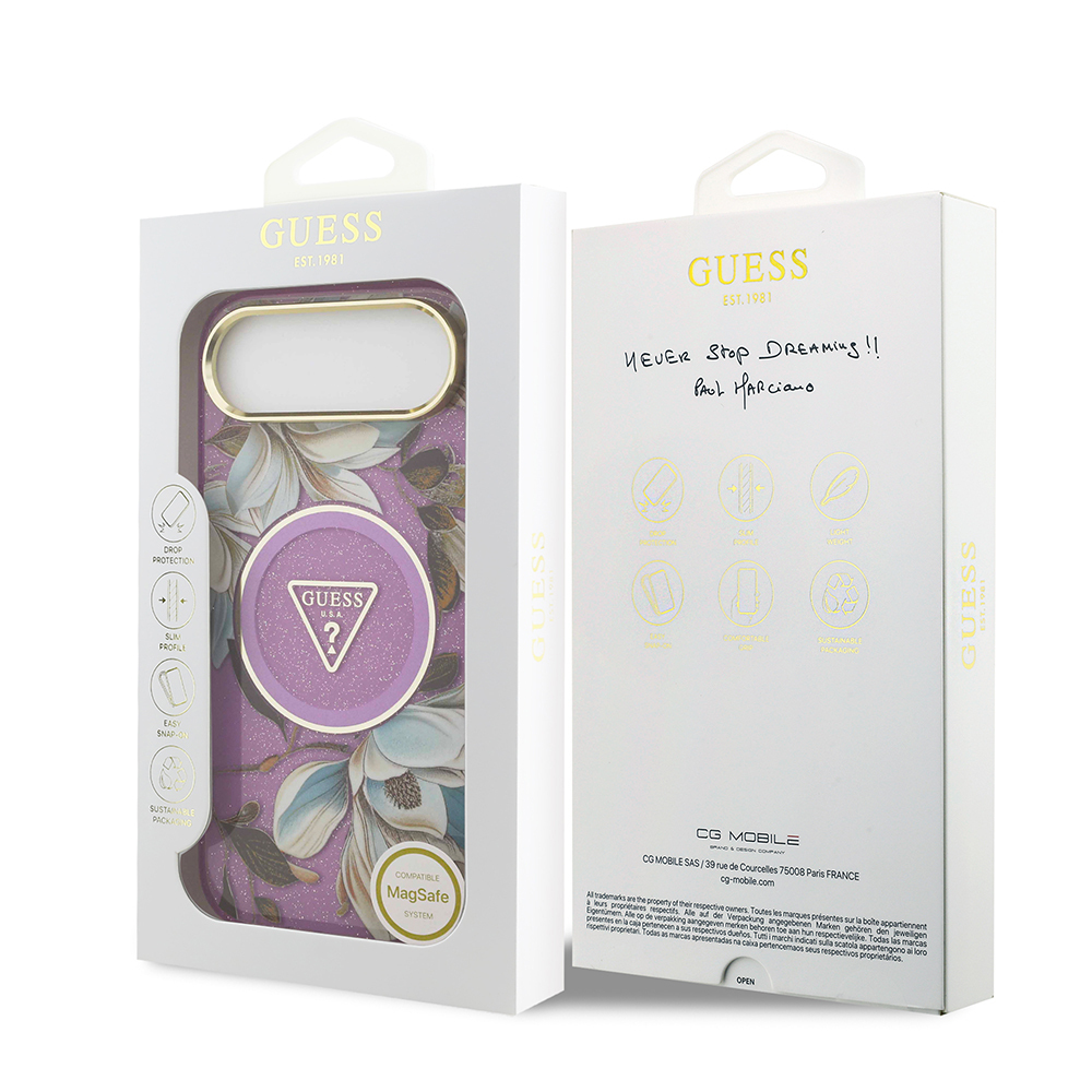 Apple iPhone 17 Air Uyumlu Kılıf Guess Orjinal Lisanslı M-safe Şarj Özellikli Simli Çiçek Desenli Metal Kamera Çerçeveli Üçgen Logolu Kapak - 26