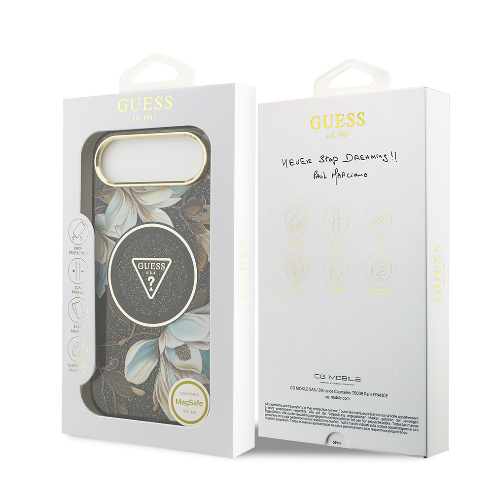 Apple iPhone 17 Air Uyumlu Kılıf Guess Orjinal Lisanslı M-safe Şarj Özellikli Simli Çiçek Desenli Metal Kamera Çerçeveli Üçgen Logolu Kapak - 28