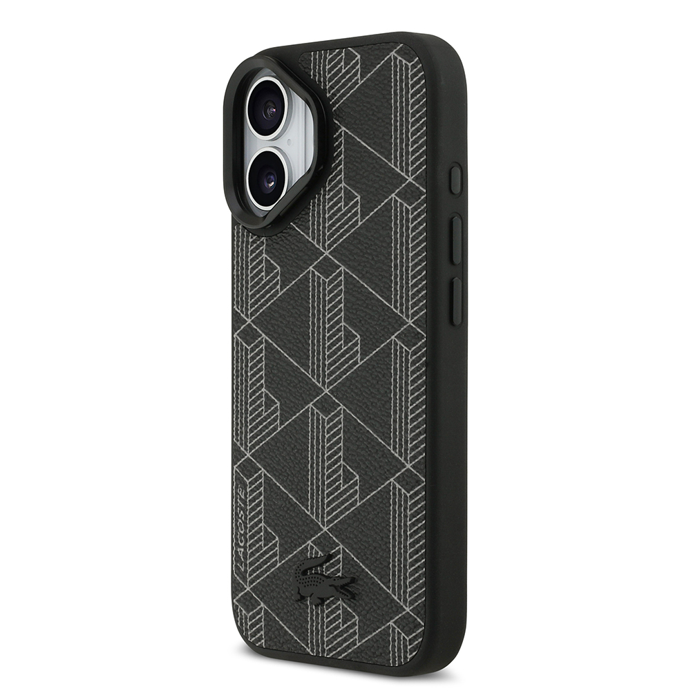 Apple iPhone 17 Uyumlu Kılıf Lacoste Orjinal Lisanslı M-safe Şarj Özellikli Standlı PU Deri Karışık Monogram Desenli Kapak - 1