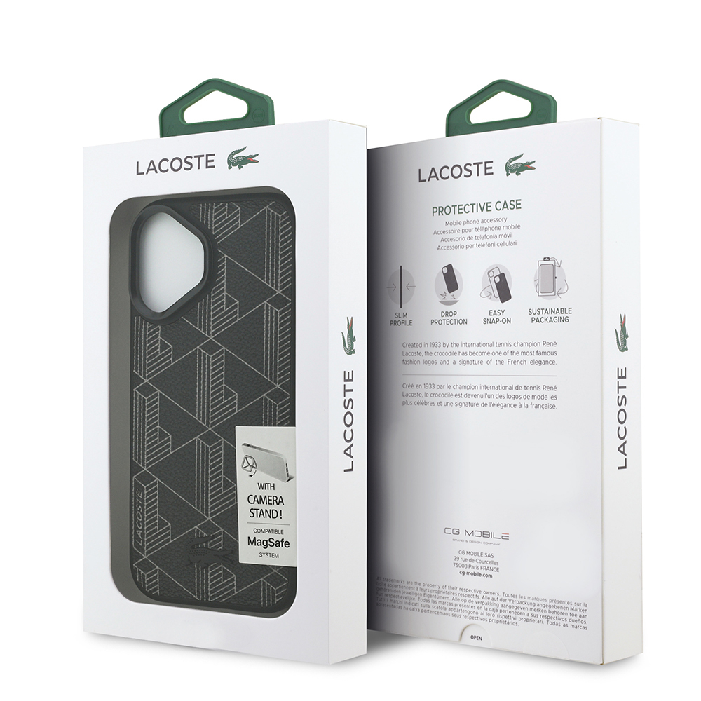 Apple iPhone 17 Uyumlu Kılıf Lacoste Orjinal Lisanslı M-safe Şarj Özellikli Standlı PU Deri Karışık Monogram Desenli Kapak - 7