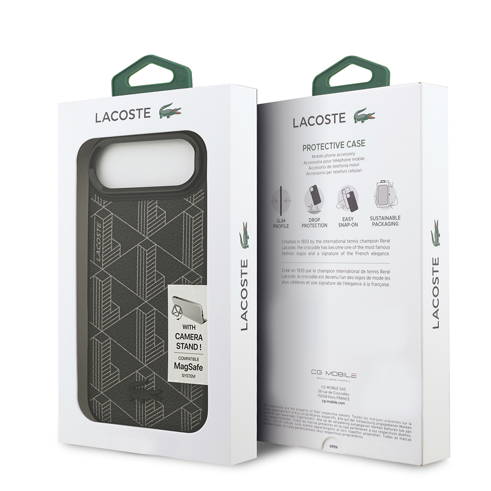 Apple iPhone 17 Air Uyumlu Kılıf Lacoste Orjinal Lisanslı M-safe Şarj Özellikli Standlı PU Deri Karışık Monogram Desenli Kapak - 7