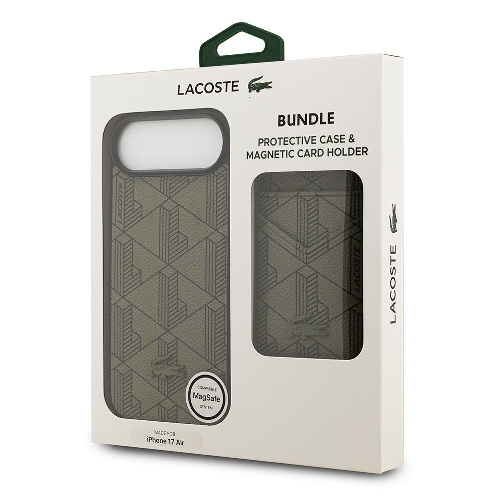 Apple iPhone 17 Air Uyumlu Kılıf Lacoste Orjinal Lisanslı M-safe Şarj Özellikli PU Deri Tasarımlı Kartlıklı Karışık Monogram Desenli Kapak - 19