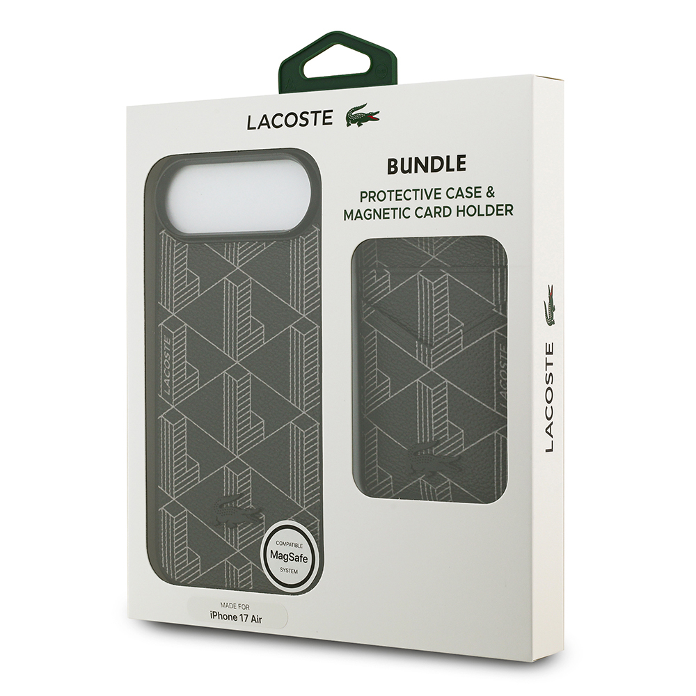 Apple iPhone 17 Air Uyumlu Kılıf Lacoste Orjinal Lisanslı M-safe Şarj Özellikli PU Deri Tasarımlı Kartlıklı Karışık Monogram Desenli Kapak - 20