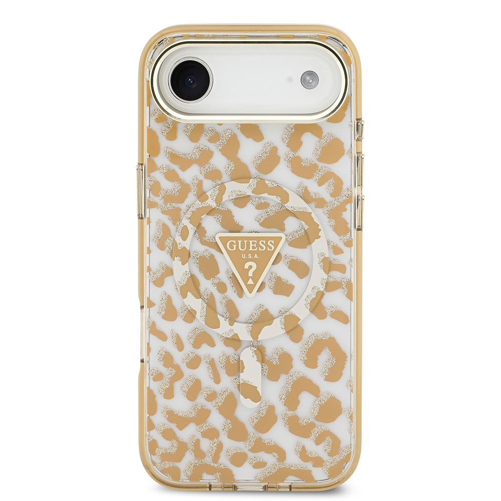 Apple iPhone 17 Air Uyumlu Kılıf Guess Orjinal Lisanslı M-safe Şarj Özellikli Üçgen Logolu Simli Leopar Desenli Kapak - 2