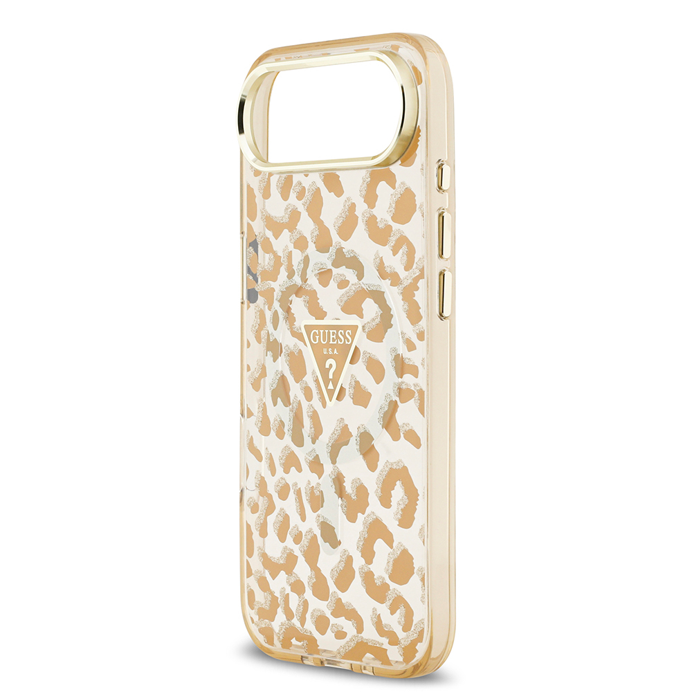Apple iPhone 17 Air Uyumlu Kılıf Guess Orjinal Lisanslı M-safe Şarj Özellikli Üçgen Logolu Simli Leopar Desenli Kapak - 5