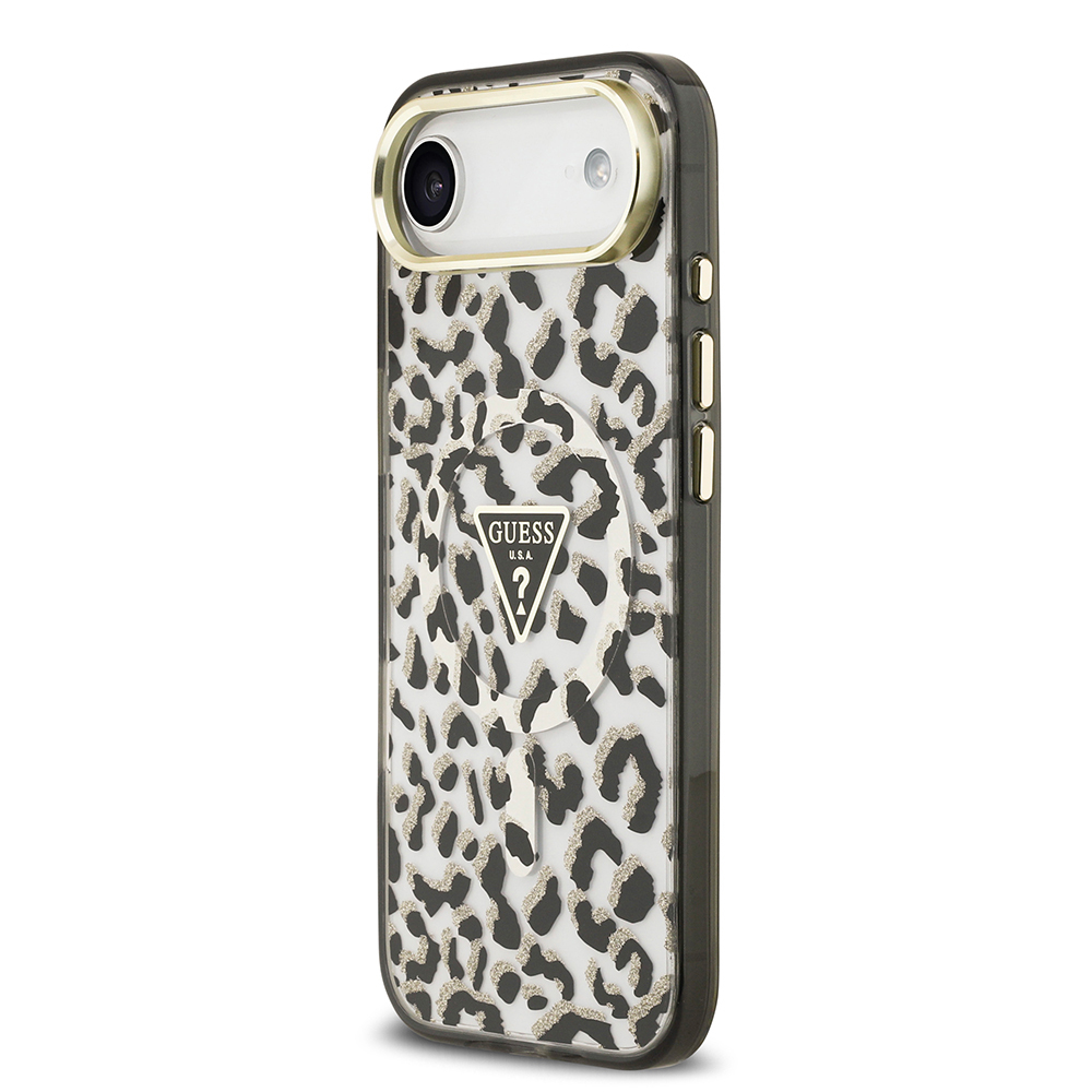 Apple iPhone 17 Air Uyumlu Kılıf Guess Orjinal Lisanslı M-safe Şarj Özellikli Üçgen Logolu Simli Leopar Desenli Kapak - 7