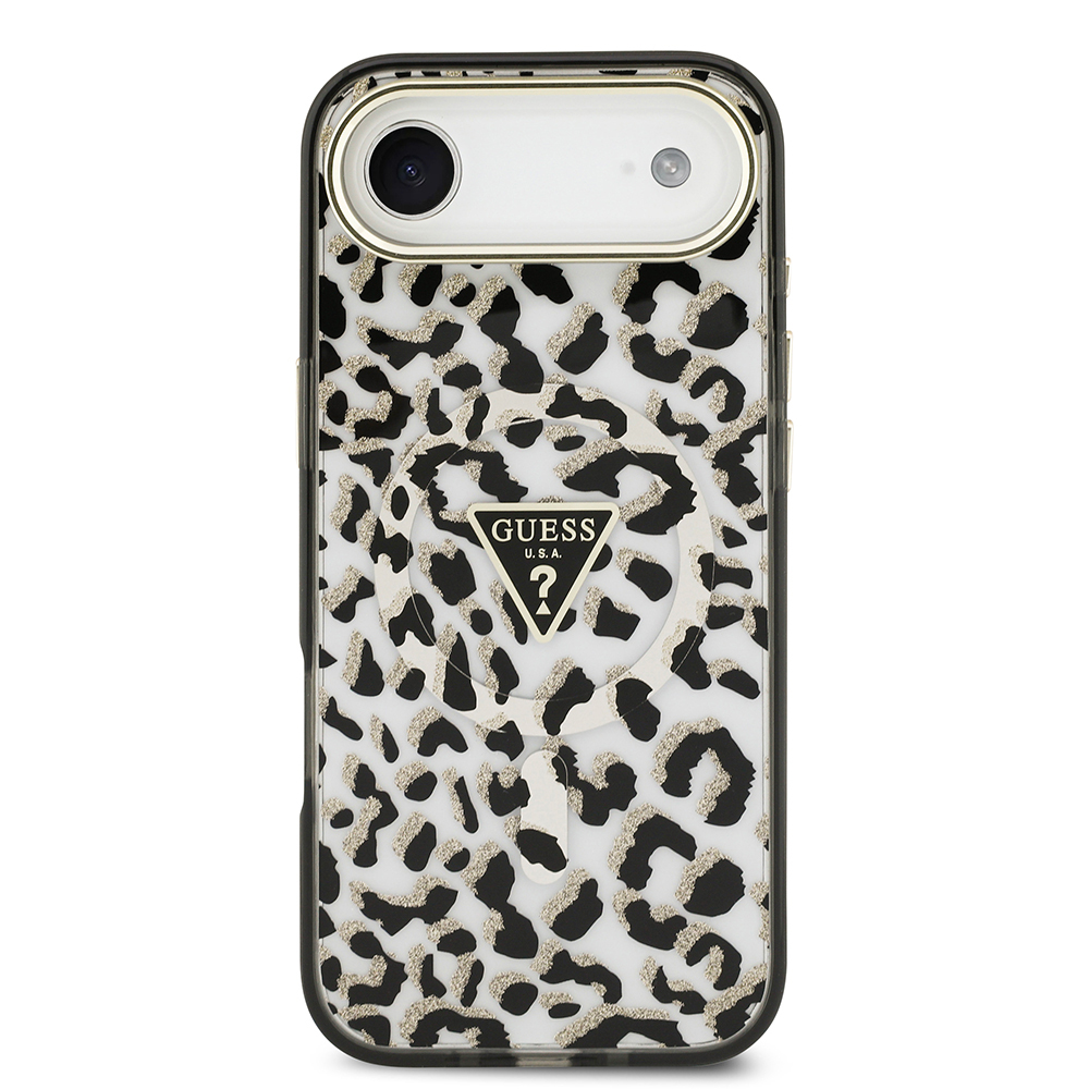 Apple iPhone 17 Air Uyumlu Kılıf Guess Orjinal Lisanslı M-safe Şarj Özellikli Üçgen Logolu Simli Leopar Desenli Kapak - 8