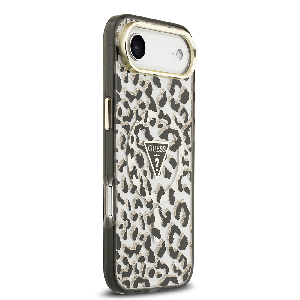 Apple iPhone 17 Air Uyumlu Kılıf Guess Orjinal Lisanslı M-safe Şarj Özellikli Üçgen Logolu Simli Leopar Desenli Kapak - 9