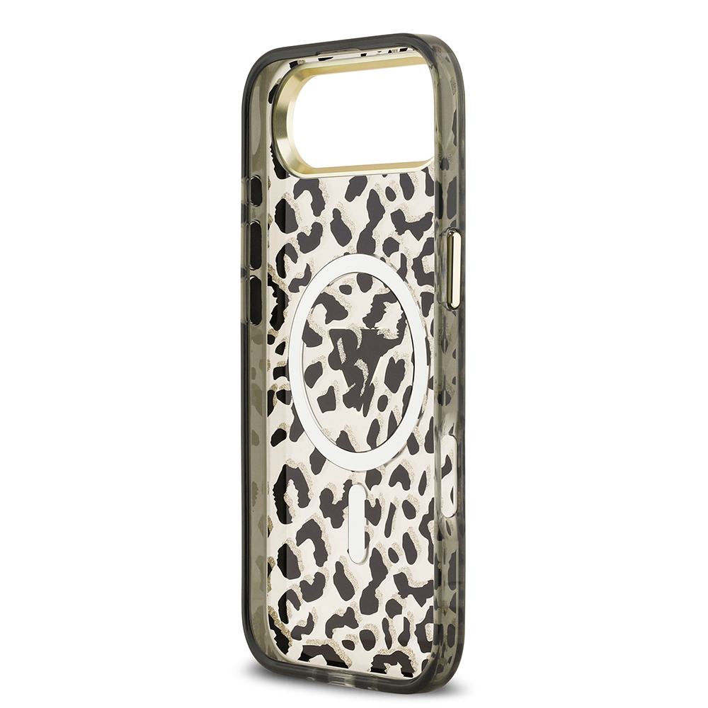 Apple iPhone 17 Air Uyumlu Kılıf Guess Orjinal Lisanslı M-safe Şarj Özellikli Üçgen Logolu Simli Leopar Desenli Kapak - 12