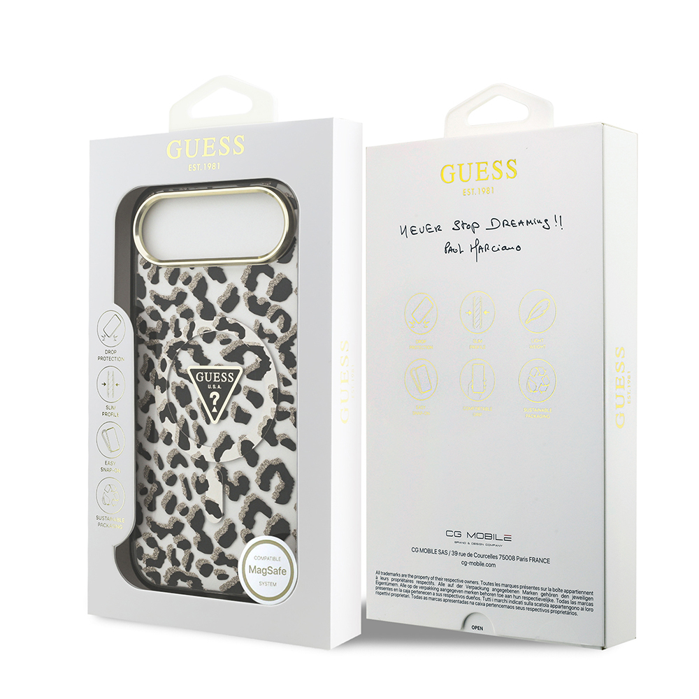 Apple iPhone 17 Air Uyumlu Kılıf Guess Orjinal Lisanslı M-safe Şarj Özellikli Üçgen Logolu Simli Leopar Desenli Kapak - 14